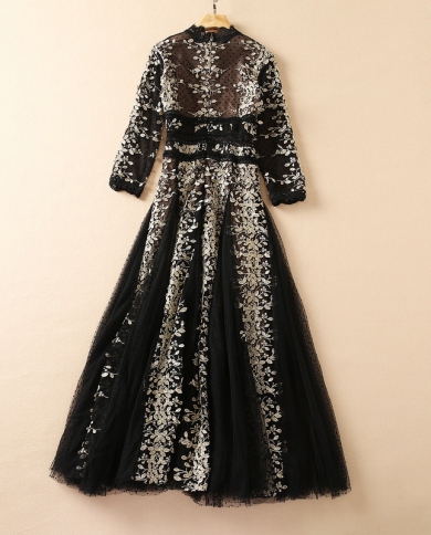 Xxl Celebrity Dress Female Black Slimming 2022 New V-neck Heavy Industry  Gold Thread Embroidery Big Swing Mesh Dress size M Color black
