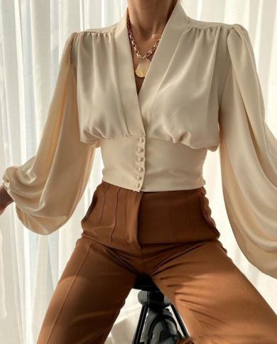 חולצות נשים אלגנטיות ונוער עם צווארון V צווארון עששיות שרוולים בגזרה קלה לחולצות נשים עם כפתור חולצות וחולצות עם שרוולים ארוכים