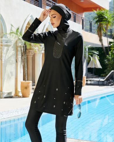 כיסוי מלא שחור בגדי ים נשים מוסלמיות בגדי ים אסלאמי שרוול ארוך צנוע חולצות בורקיני מכנסיים חליפות כובע 3 חלקים בינוני
