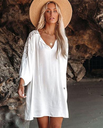 כיסויי ביקיני טוניקה לבנה 2022 חדש קפטן קזואל שמלת חולצה עם שרוולים ארוכים בגדי נשים ללבוש חוף כיסוי בגד ים