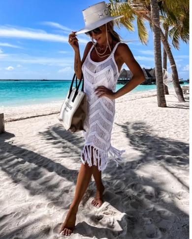 2023 White Crochet Tunic Bikini Coverups Hollow Out Dress Women Summer  Clothes See Through Beach Wear