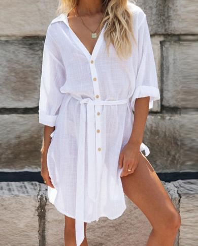 2022 שמלת כיסוי חוף לבן חולצת צווארון טוניקה פאראוס ביקיני כיסויי כיסוי לשחות נשים בגדי קיץ חלוק plage beachwe