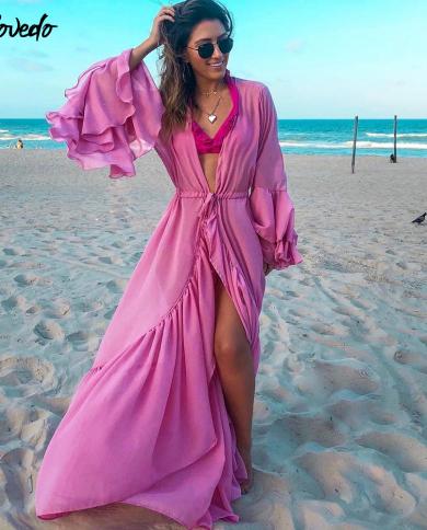 2022 נשים בגד ים כיסוי שרוול קפטן חוף טוניקת שמלת חלוק כותנה לבן מוצק פאראו צווארון גבוה beachwea