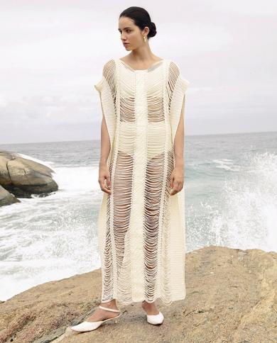 2022 כיסוי חוף קרושה לבן כיסוי ביקיני כיסויי ביקיני חלולים שמלה סרוגה בגדי נשים ציצית בגדי חוף לשחות סו