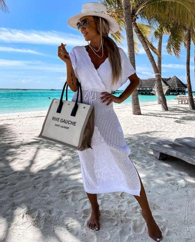 2023 טוניקה סרוגה לבנה ביקיני כיסויי כיסוי חלולים שמלה ארוכה צוואר V נשים בגדי קיץ ללבוש חוף כיסוי סרוג