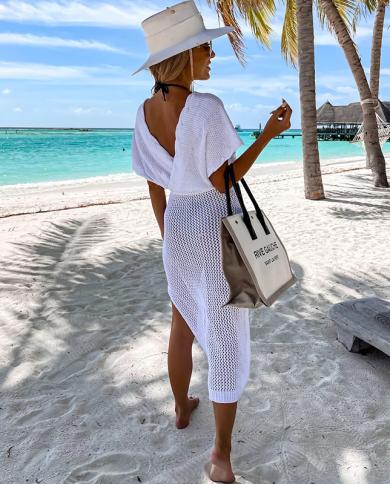 2023 White Crochet Tunic Bikini Cover Ups Hollow Out Long Dress V Neck Women  Summer Clothes