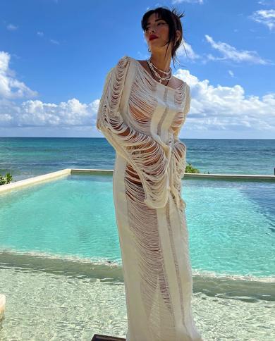 2023 כיסויי בגד ים סרוגים חלולים שמלת מקסי נשים קיץ משקיפות גדילים כיסוי חוף בגדי חוף ללא גב