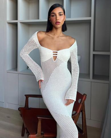 2023 שמלת סרוגה לבנה ללא גב חלולה bodycon שסע שמלת מקסי קיץ נשים כיסוי בגד ים כיסוי חוף סרוג