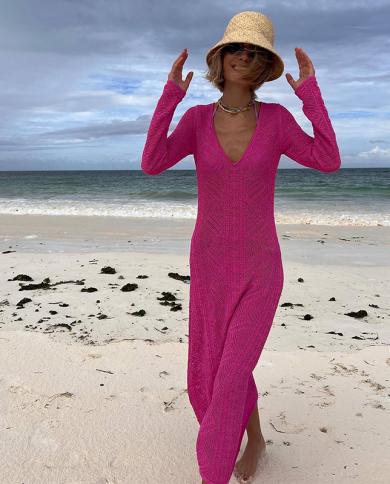 כיסויי ביקיני 2023 כיסויי טוניקה סרוגה לבנה שמלת רשת עם שרוולים ארוכים שמלת רשת נשים בגדי קיץ לבוש חוף