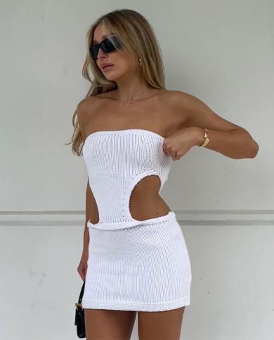 סטרפלס סריג bodycon שמלת חוף נשים לבן חלול 2022 קיץ ללא שרוולים שמלות מיני מסיבות y2k כיסוי ללא גב