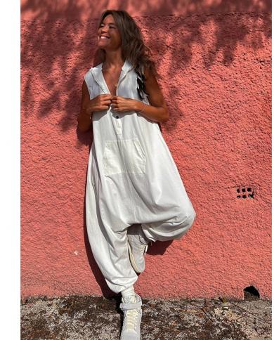 סרבל נשים 2023 סרבל קיץ ללא שרוולים מוצק רגל רחבה חליפת משחק רפויה אוברול מכנסי הרמון קזואל חוף כיסוי ביקיני שיתוף