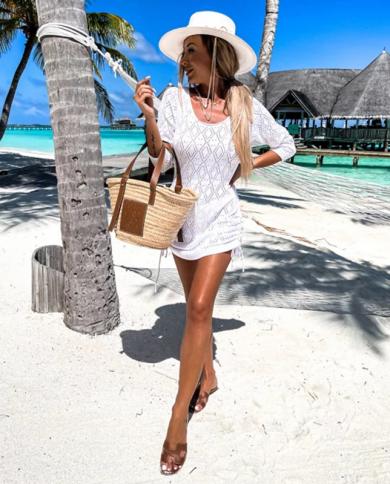 2023 טוניקה סרוגה לבנה כיסוי ביקיני כיסוי חוף חלול שמלת גוף מיני שמלת נשים בגדי קיץ כיסוי חליפת ים