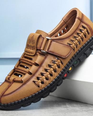 2023 Summer Men Sandals Leisure Breathable Comfort Mens Beach Shoes Fashion  Solid Hand Sewn Male Flat Casual New Leather Color Yellow Shoe Size 39