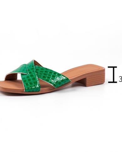 Women Cross Strap Low Block Heel Slides Sandals Open Square Toe Pu Leather  Slippers Woman Summer Fashion Sandals Plus Si Color Green Shoe Size 42