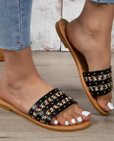 rimocy 2023 אופנה חדשה לארוג נעלי בית נשים קיץ תחתון רך סנדלים ללא החלקה אישה עקבים שטוחים חוצות חוף נשים