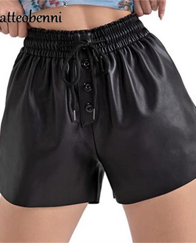 Womens Elastic Waist Loose Shorts Faux Leather Shorts with Pockets