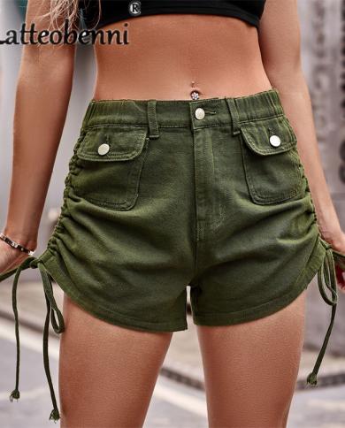 מכנסי גינס קצרים עם שרוכים בצד האופנה נשים בסגנון קיץ שלושת רבעי מכנסי כיס שחבור לנשים גינס קזואל עם כפתורים
