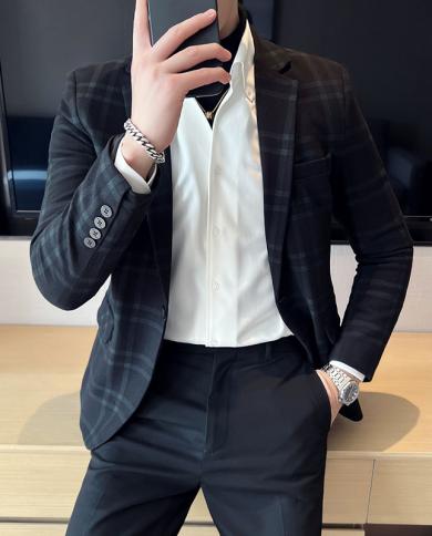 5xl Four Seasons Boutique Men's Fashion Slim Fit Checkered Versatile Korean  British Style Business Gentleman Wedding Blazer