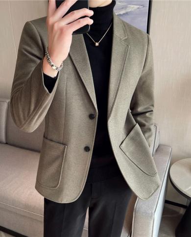 בלייזר באיכות גבוהה לגברים בסגנון בריטי מגמה אלגנטית עסקית גבוהה פשוט אופנה מזדמנת רזה חליפה נאה צמר ג