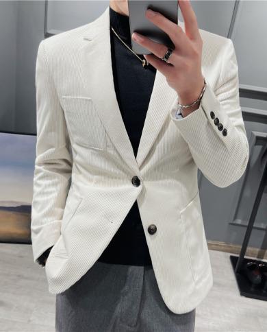 בלייזר באיכות גבוהה גברים בסגנון בריטי טרנד פרימיום עסקי פשוט אלגנטי אופנה קזואל גנטלמן חליפת דק קורדרו