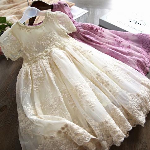 רקמה לבנה פרח ילדה שמלת ילדי חתונה בגדי מסיבת יום הולדת ילדה תחפושת הקודש הראשונה קיץ חדש casua