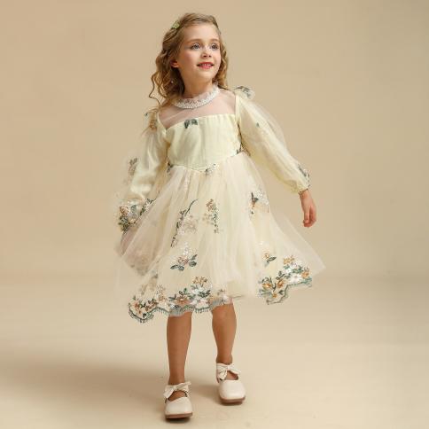 בנות אלגנטיות פרח שמלת שרוול מלא פעוט ילדה רקמה פרחוני בגדי סתיו ילדים יום הולדת מסיבת חתונה טול c