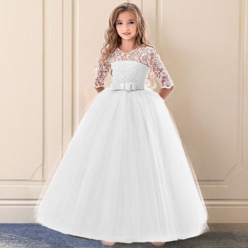 לבן קודש ראשון שמלת נסיכה תחרה פרח שושבינה תחפושת חתונה 6 14 מסיבת יום הולדת לילדים גאלה לון