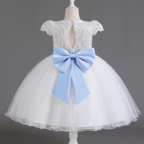 שמלת פרח תחרה לילדה לבנה תחפושת קודש ראשון לילדים תחרות חגיגית קשת שמלת יום הולדת מסיבת חתונה נסיכה