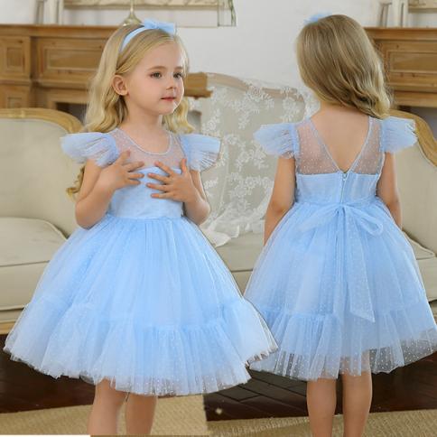 4 שמלת נסיכה ילדה 10 ט לילדים שרוולים קצרים נקודה יום הולדת טול טוטו שמלת ערב מסיבת ערב תחפושת פעוט תינוק כחול קזואל