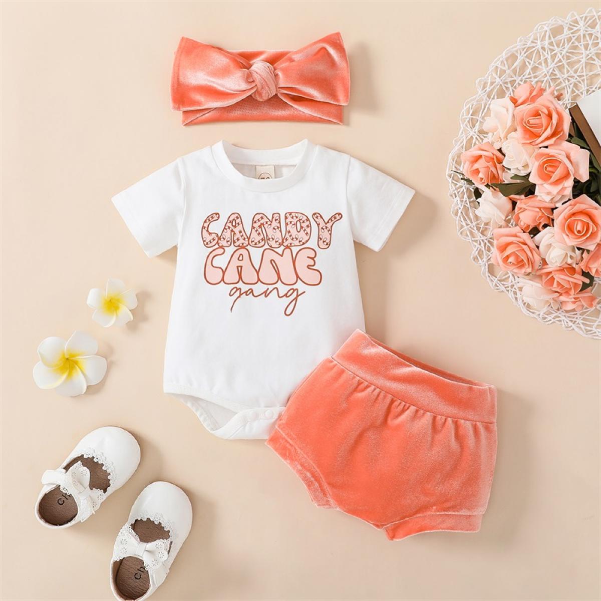 Sunsiom Kid Girl Clothes Suit Short Sleeve Round Neck Letters Romper Tops +  Short Pants Outfit + Headband 3pcs Color White Kid Size 3M