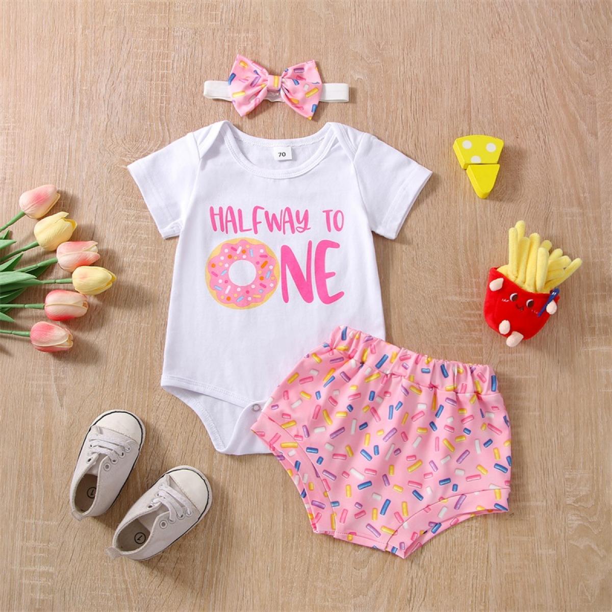 Sunsiom Baby Girls Birthday Outfit Summer Clothes Short Sleeve Doughnut  Romper + Shorts + Headband 3pcs Set Kid Size 6M