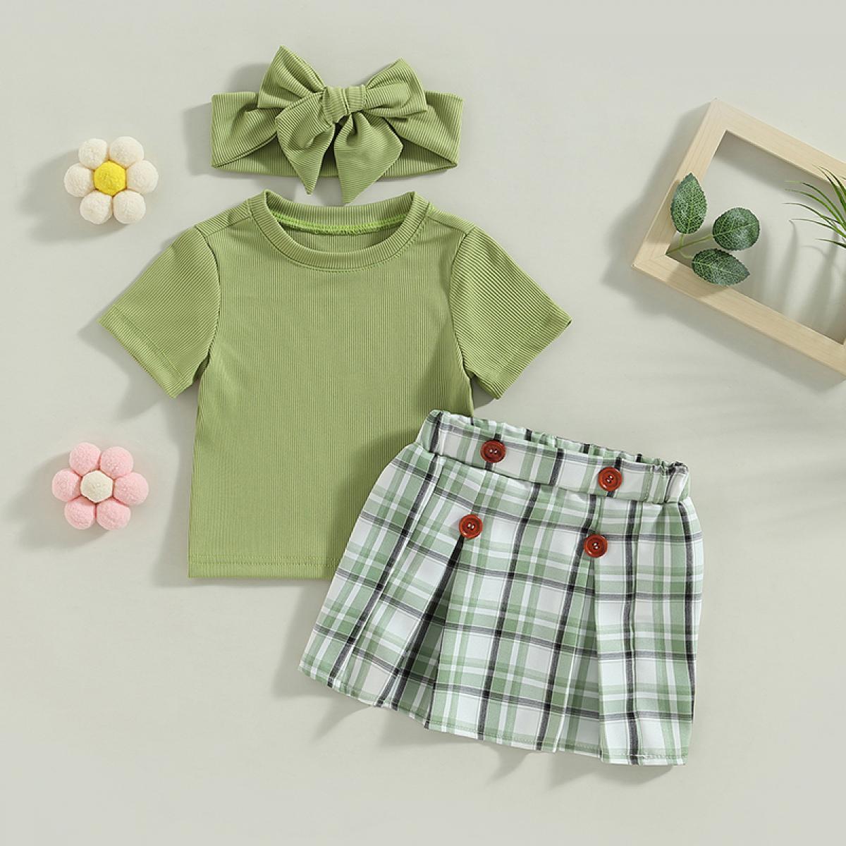 Sunsiom Baby Girls Clothes Set Summer Solid Color Short Sleeve Crew Neck  Ribbed T Shirt With Mini Plaid Skirt Headband O Color Green Kid Size 24M