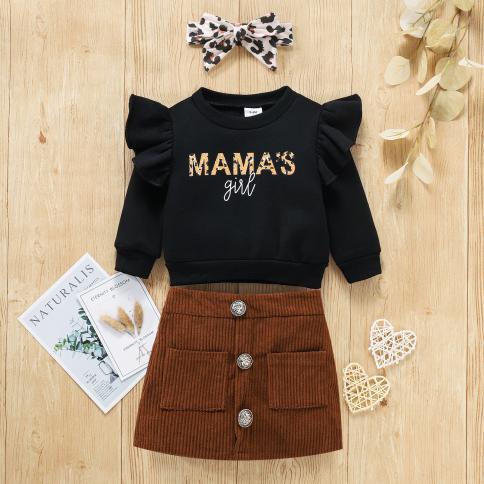 Autumn Winter Baby Girls Casual Clothes Set Round Collar Long Sleeve  Pullover Tops Solid Color Corduroy Skirt Leopard He Kid Size 6-9 Months