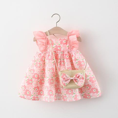 תינוק שזה עתה נולד בגדי קיץ פרחוני סלסול שמלת קשת תיק לתינוק בגדי תינוק יום הולדת 1 שמלת מסיבת נסיכה