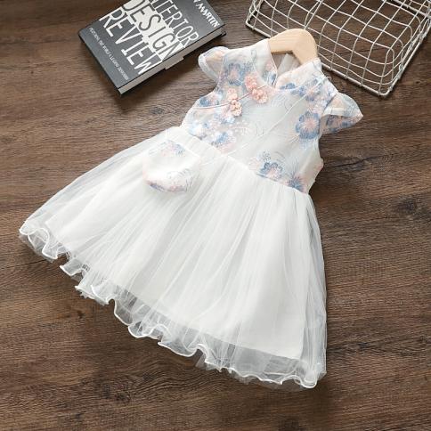 ילדים בנות בגדי קיץ תינוק בסגנון סיני רקמה שמלת רשת לילדות 2 3 4 5 t בגדי יום הולדת לתינוק נסיכה ד