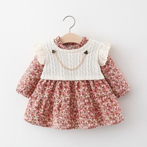 סט בגדי תינוקות באביב שזה עתה נולדו שמלה פרחונית עם שרוולים ארוכים  חליפת ווסט סרוג לילדות בגדי תינוקות תלבושת תינוק