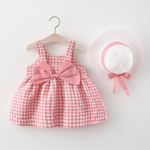 2 יחידות שמלות משובצות לתינוקת  כובע שמלת נסיכת קשת מתוקה לשמלת יום הולדת 1 3 שנים לילדות שמלת קזואל ללא שרוולים