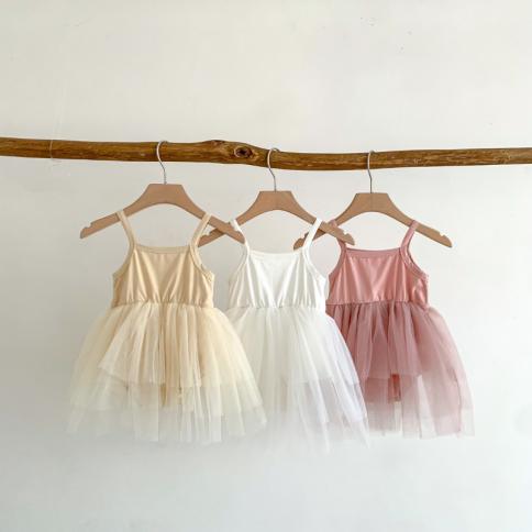שמלת רשת קיץ בנות שמלת קלע כותנה צבע אחיד טלאים שמלה ללא שרוולים שמלת נסיכה מתוקה שמלות ילדים עבור