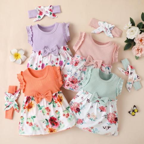 תינוקות בנות פרחים מצולעים שמלות תפירה ללא שרוולים שמלה מקסימה לתינוקות שמלה יפה קשת צבעונית 0 24 מ בגדי תינוקות