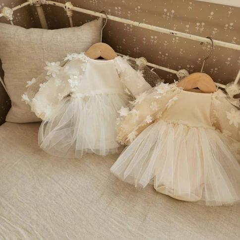 תינוקות בנות שמלת פעוט נסיכה פרחי רשת שמלת נשף שרוולים נפוחים בגדי יומולדת אלגנטיים