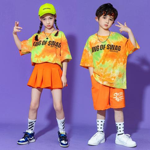 ילדים kpop תלבושת clothingtie dye חולצה עליונה streetwear מכנסיים קצרים כתומים מיני חצאית לילדה ילד רסיטל היפ הופ עלות במת