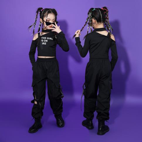 הופעה לילדים בגדי קפופ היפ הופ שחורים חולצת רחוב ללבוש מכנסי מטען לנערות נוער תחפושות ריקוד גאז