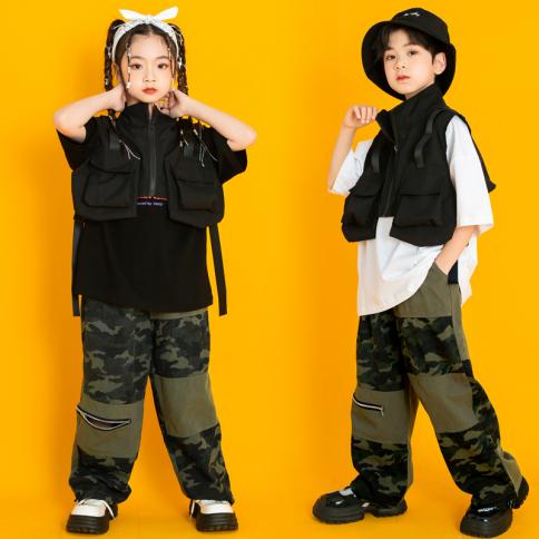 ילדים kpop תלבושות בגדי היפ הופ שחור מטען אפוד קזואל רחוב camo cargo מכנסיים לילדה ילד גאז תחפושת ריקוד במת