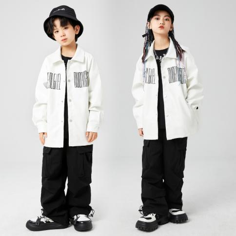 ילדים kpop היפ הופ מראה בגדים לבן מעיל עור pu cargo מכנסיים רחבים לילדה ילד גאז בגדי תחפושת ריקוד kpop