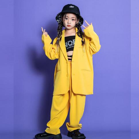 ילדים בגיל ההתבגרות בגדי היפ הופ צהוב חולצת בלייזר מעיל העליון מכנסיים רחבים מזדמנים לילדה ילד ריקוד תחפושת בגדי חליפת