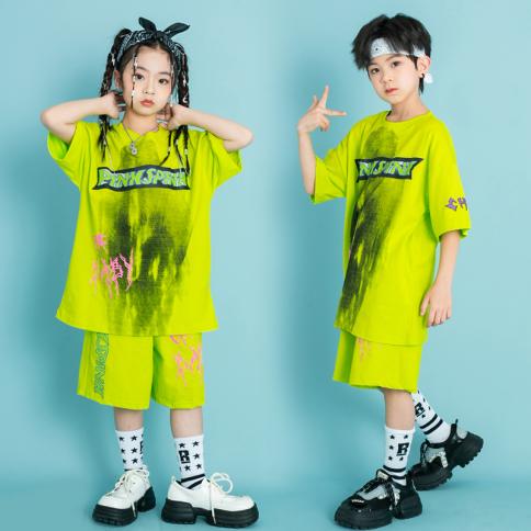 תלבושות kpop לילדים בגדי היפ הופ ירוקים חולצת טריקו אוברסייז מכנסיים קצרים רחוב קיץ לילדה ילד גאז ריקוד תחפושת ג