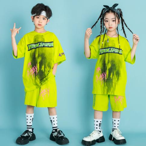 ילדים בגדי היפ הופ ירוקים חולצת טריקו אוברסייז ללבוש מכנס קיץ לילדה ילד תחפושת ריקוד גאז מציג בגדים