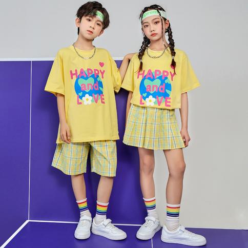 ילדים בגדי מעודדות kpop תלבושות היפ הופ חולצות טריקו צהובות חולצות קצרות קזואל חצאית לילדה ילד תחפושת ריקוד גאז