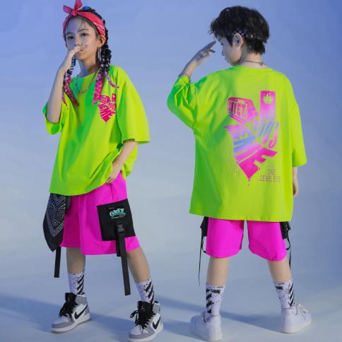 ילדים kpop rave outfits בגדי היפ הופ חולצות חולצות טריקו ירוקות קיץ מכנסי מטען קצרים בגדי רחוב לילדה ילד ריקוד תחפושת בגד