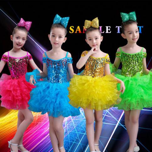 4 צבעים ילדה נסיכת ריקוד שמלה מסיבת נשפים נצנצים בגדי הופעה מקהלה חוט עבה מופרע ריקוד